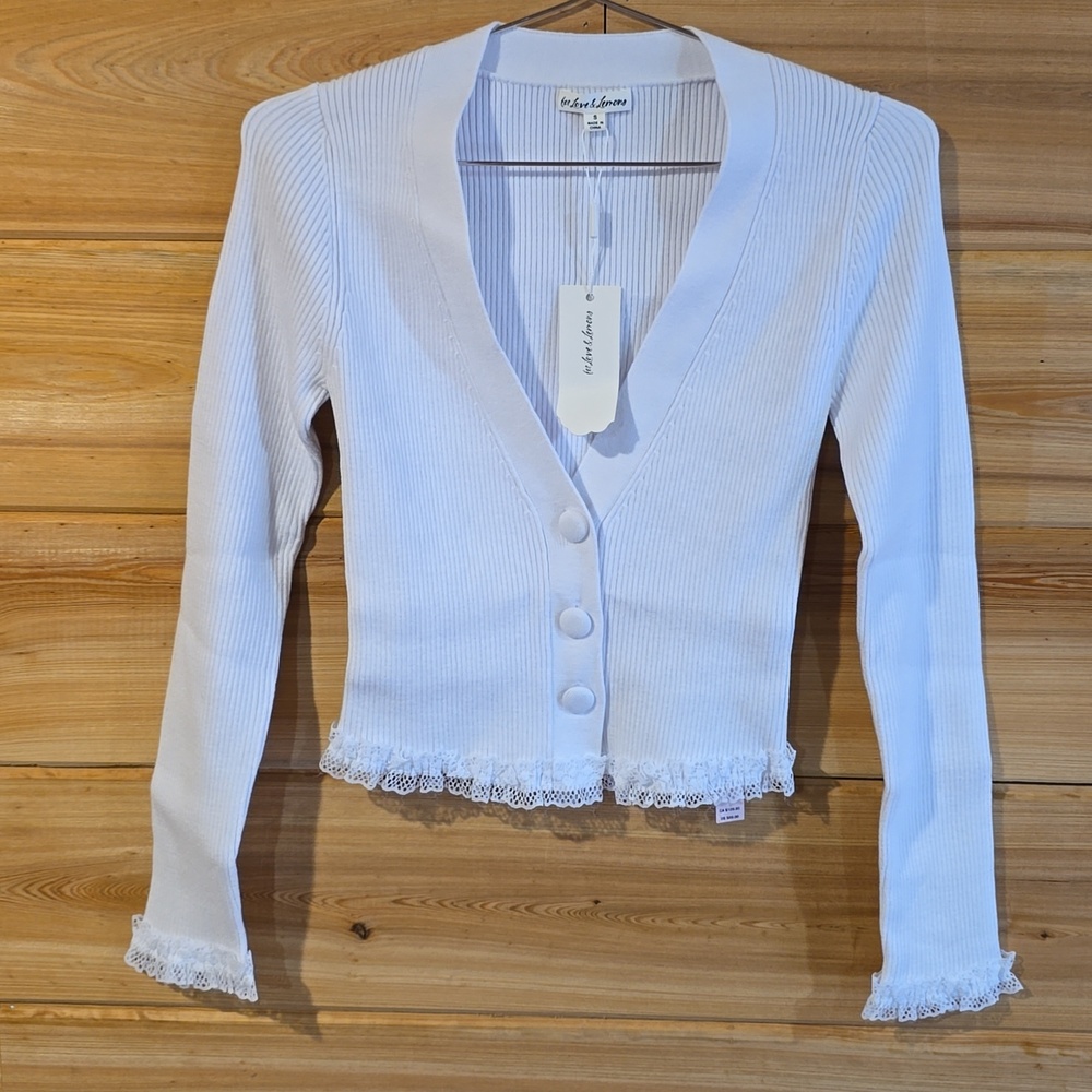 3415 For Love & Lemons White Ribbed Lace Trim Cardigan – NWT - Picture 2 of 9